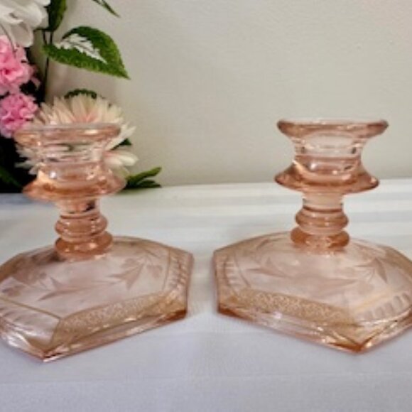 Vintage Pink Depression Glass Candle Holders Etched Floral Design with Gold Trim - Picture 1 of 3